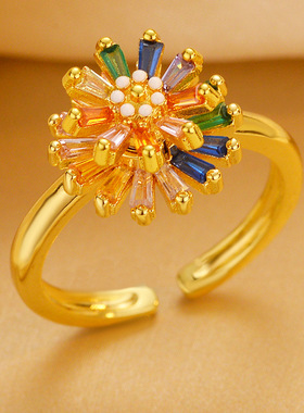 新款可旋转彩虹色锆石烟花浪漫法式精致时尚小戒指百搭轻奢指环