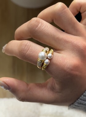 vintage中古珍珠戒指复古满钻气质高级感轻奢珠边蕾丝竹节排戒女