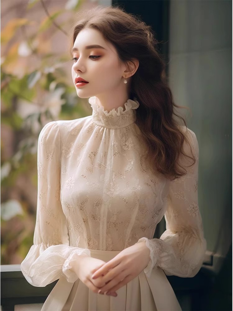 法式漂亮小衫洋气独特别致上衣超好看白色蕾丝内搭衬衫女秋冬