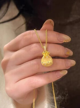 中古风拉丝点闪钻好运小福袋项链转运黄金色沙金锁骨链毛衣链