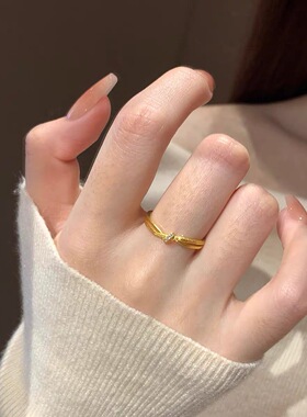 新中式公主心结沙金交叉绳戒指女款轻奢气质设计感百搭素圈金戒指