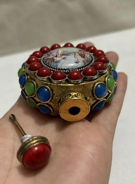 古玩杂项民国老藏银带勺鼻烟壶双面猫眼石收藏烟具精美礼品