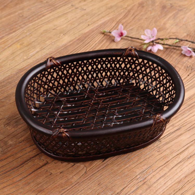 竹编果盘果篮大漆高脚篮小果盆精编漆器手工竹制品复古点心托盘 - 图0