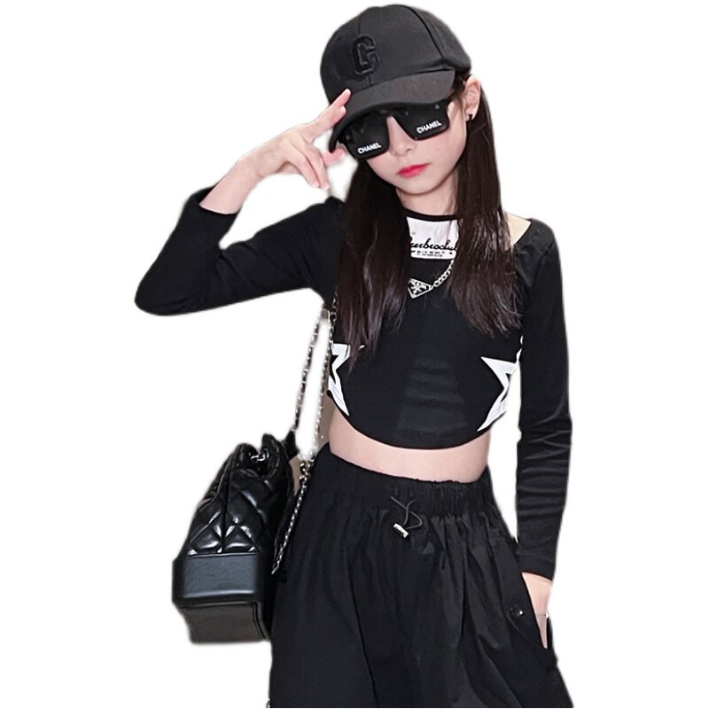 2025新款女童t恤长袖洋气时髦短款露脐炸街舞上衣儿童打底衫修身,淘宝优惠券,粉丝福利购,淘宝优惠卷