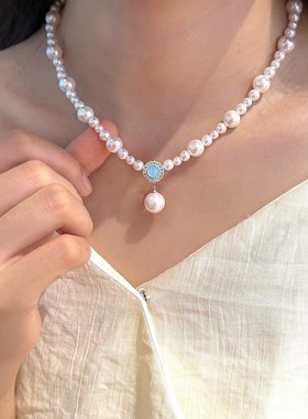 海蓝宝珍珠韩式轻奢小众项链