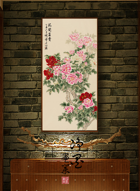 新中式风竖幅工笔花鸟牡丹装饰画