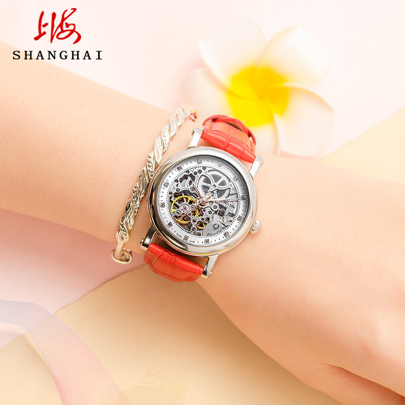 上海自动女潮流时尚镂空镶钻机械表 上海上时国产腕表
