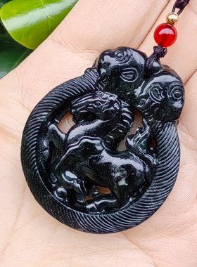 天然玉石藏玉药王石墨绿玉生肖马 马上封侯 马到成功吊坠挂件