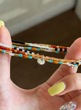 时尚彩色多巴胺小圆牌水彩套组手链女串珠轻奢小众高级感叠戴手饰
