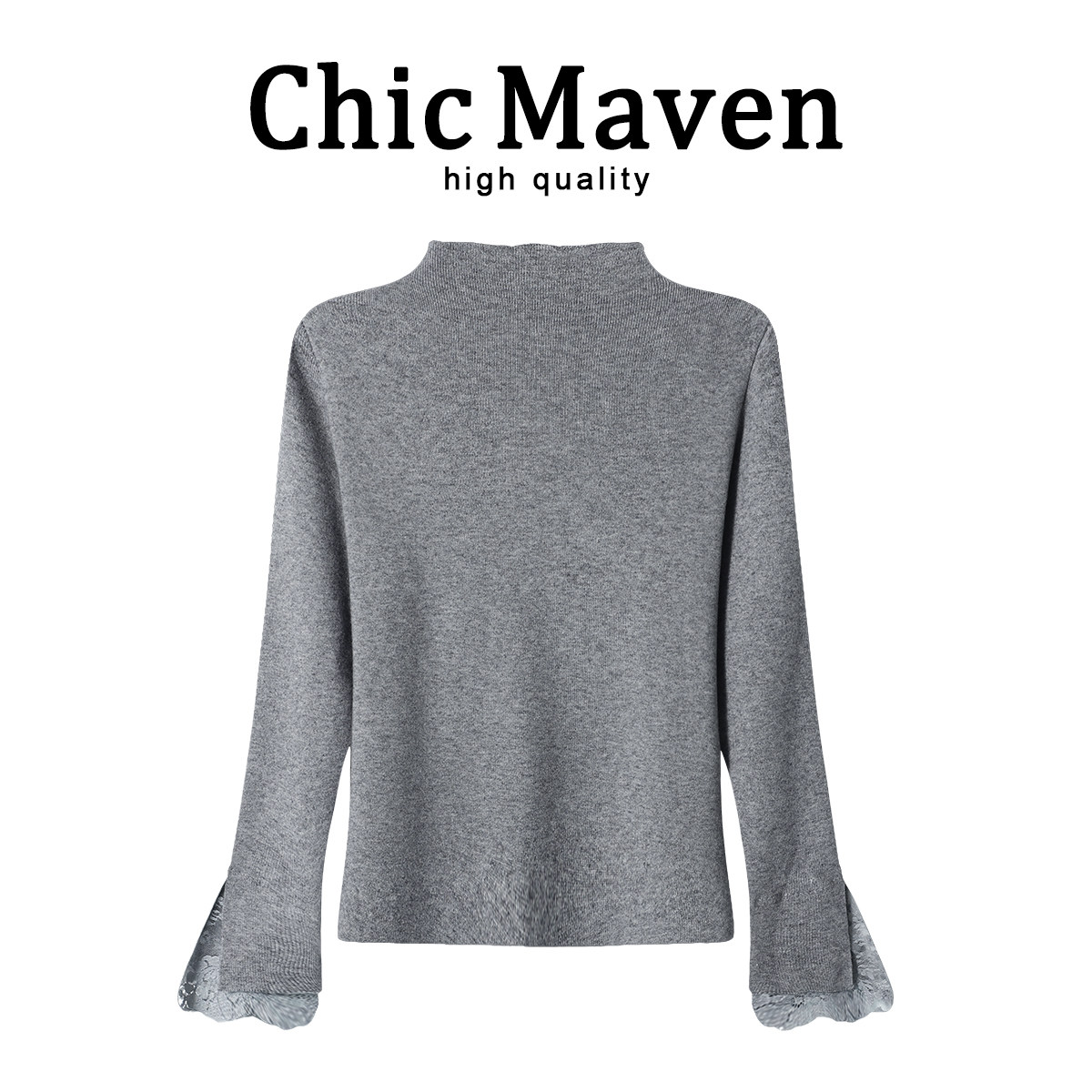 Chic Maven温柔蕾丝花边半高领打底衫女春季喇叭袖显瘦减龄上衣服,淘宝优惠券,粉丝福利购,淘宝优惠卷