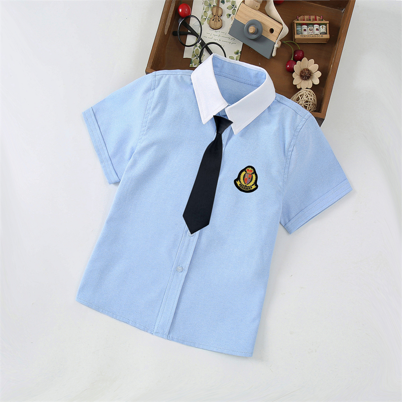 夏季儿童白领短袖衬衫小学生校服蓝色白领小孩班服蓝色半袖上衣-图2