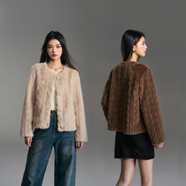 Round collar single row buckle design matt metal button small fragrant wind warm fur coat