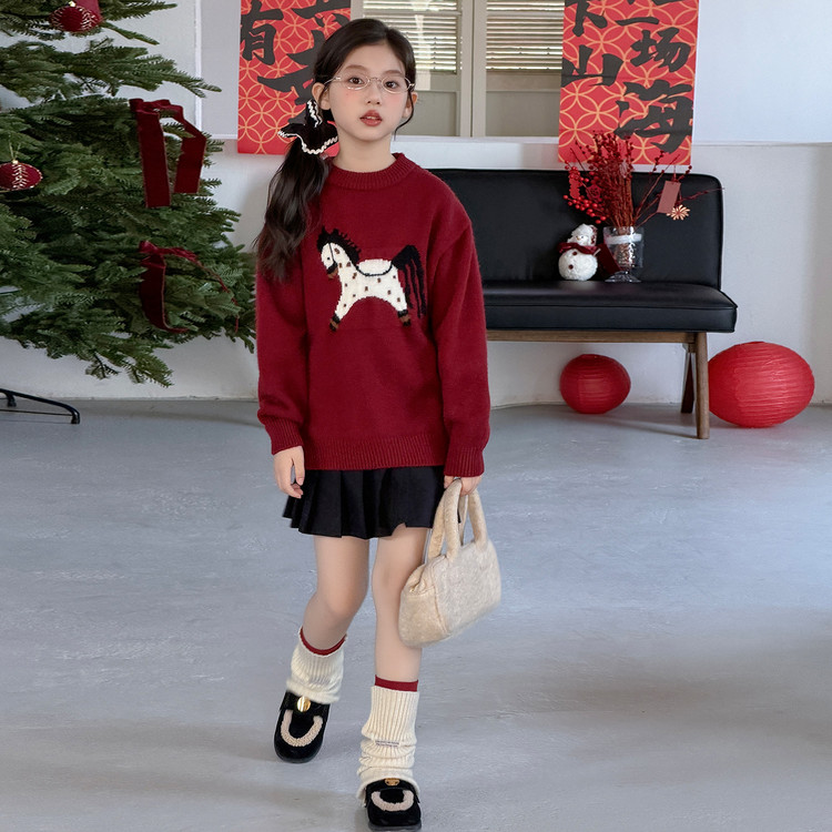女童红色毛衣2026新款马年本命年卡通小马图案新年毛线衣 - 图3