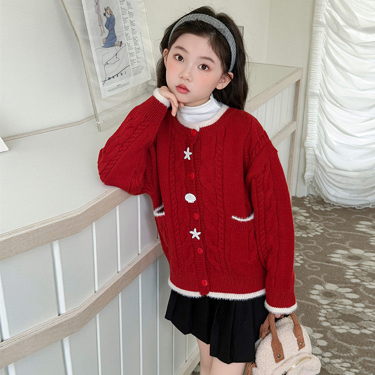 韩版女童红色提花开衫毛衣新年装百搭洋气儿童针织衫,淘宝优惠券,粉丝福利购,淘宝优惠卷