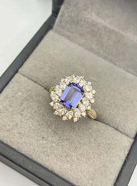 出口日本纯银镀金天然坦桑石开口戒指孤品镶金品质全净体2.26克拉