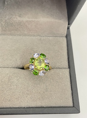 纯银镀铂金天然绿碧玺透辉石托帕石开口戒指宝石级全净体4.86克拉