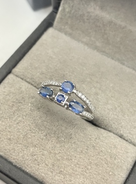 出口日本纯银镀铂金天然蓝宝石开口戒指镶金品质全净体1.26克拉