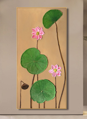 东南亚手绘粗砂岩油画荷花装饰画