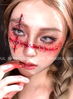 INKSOUL 万圣节缝合伤疤逼真针脚伤纹身贴cos剧本杀鬼节长隆妆容