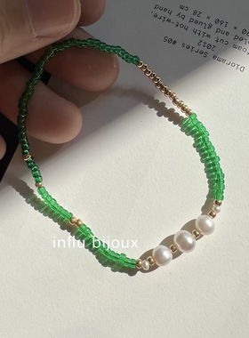 手工定制ins小众 Hultquist 祖母绿深绿色米珠天然淡水珍珠手链