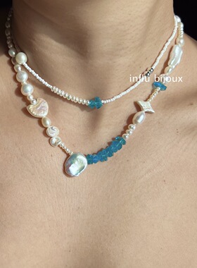 原创独立小众设计 定制异形天然花瓣珍珠 磷灰石爱心项链男无性别