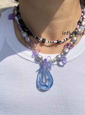 原创设计感 春夏新款长春花篮项链 琉璃小花浅紫灰色珍珠草莓蝴蝶