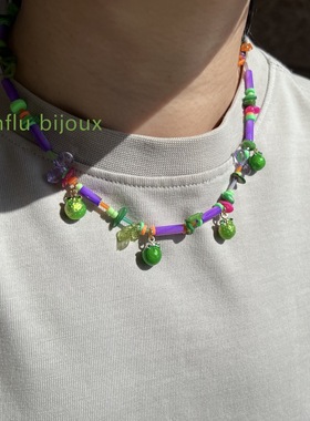 原创小众设计定制 荧光绿紫撞色青桔叠戴 高饱和choker高级感项链