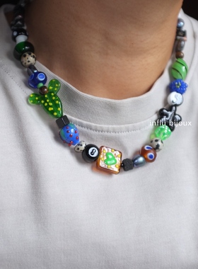 原创小众设计中性黑绿棕色仙人掌琉璃蘑菇虎眼石灰白黑珍珠男项链