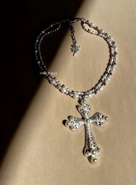 手作定制小众DOJAcat 同款夸张珍珠十字架 双层叠戴项链 无性别