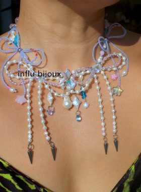 原创手工重工制作天然淡水珍珠baby blue蝴蝶结巴洛克捷克琉璃