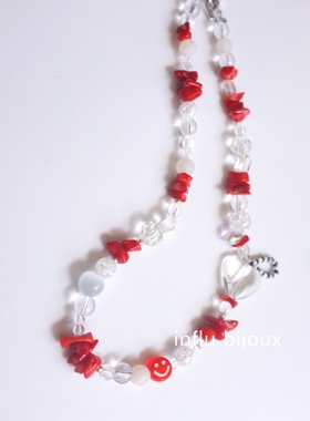 原创小众设计感手作猫眼石红色系白水晶爱心笑脸 趣味项链情侣