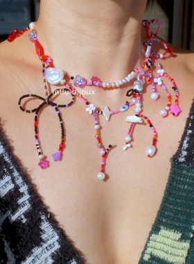 原创独立小众设计 黑粉紫蝴蝶结异形珍珠捷克琉璃choker恶魔之眼