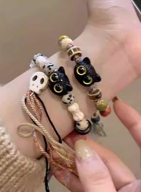 骷髅猫咪陶瓷编织流苏手链女款