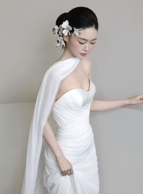 新娘结婚婚纱礼服披肩一字肩坎肩围脖脖颈纱摄影拍照弹力雪纺白色