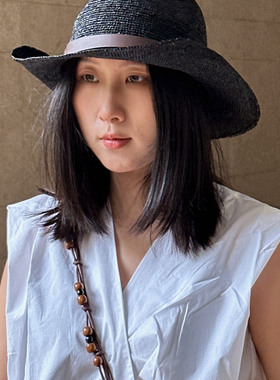 拉菲草帽日系黑色帅气男女遮阳帽子手工编制爵士帽礼帽可折叠出游