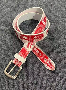 欧美风辣妹日常红色纹理小众百搭针扣腰带特别印花图案带男女通用
