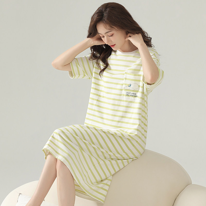 秋鹿条纹夏天圆领短袖纯棉连衣裙 秋鹿服饰睡裙