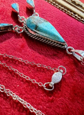 墨西哥手作原矿绿松石蓝松石925纯银水滴流苏吊坠项链中古着首饰