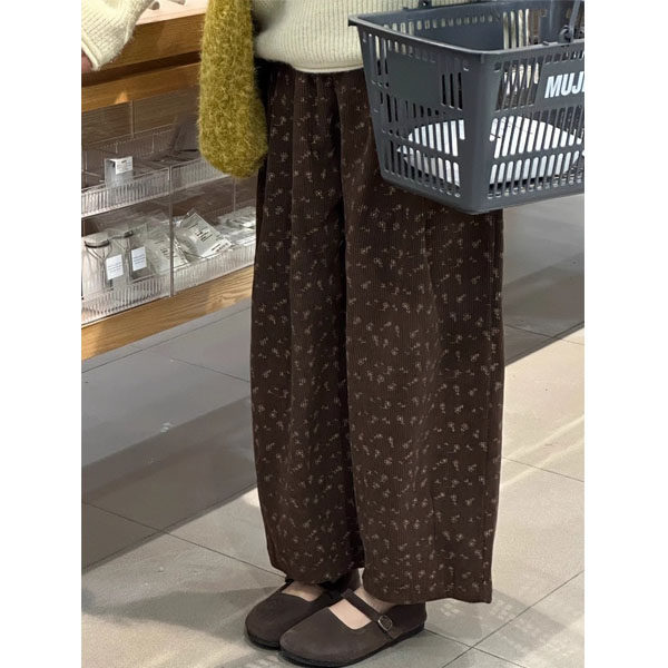 冬季美拉德棕色九分碎花裤子大码女胖mm显瘦休闲灯芯绒阔腿奶奶裤 - 图0