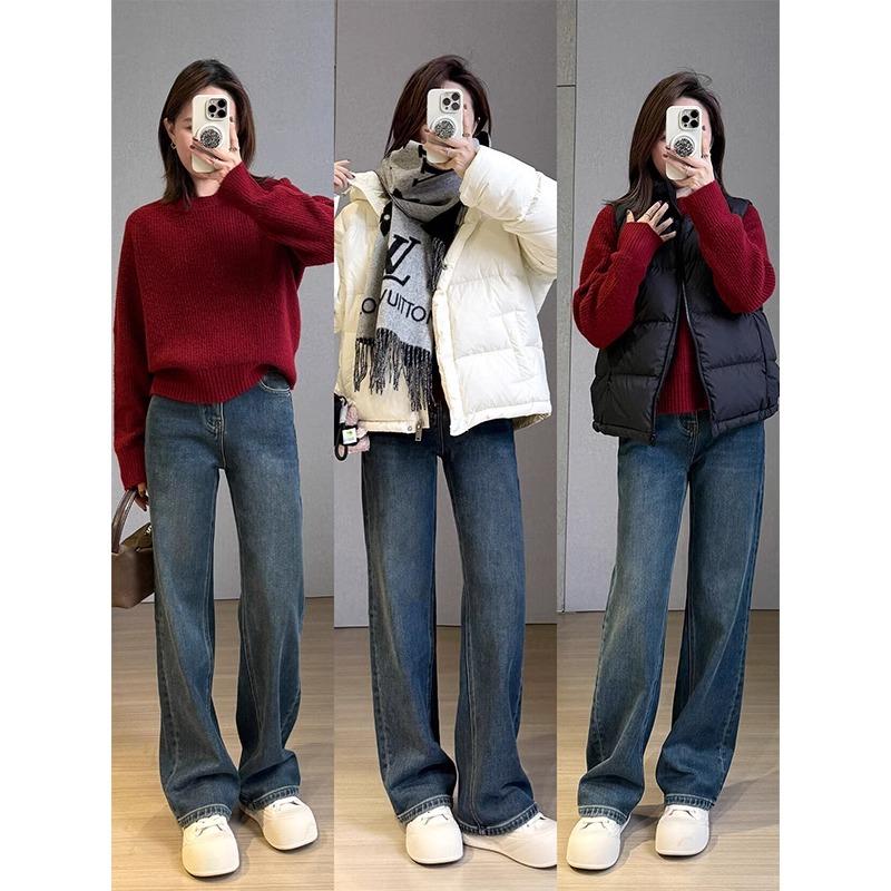 蓝灰色窄版直筒牛仔裤女秋冬新款加绒大码胖mm高腰宽松显瘦阔腿裤 - 图3