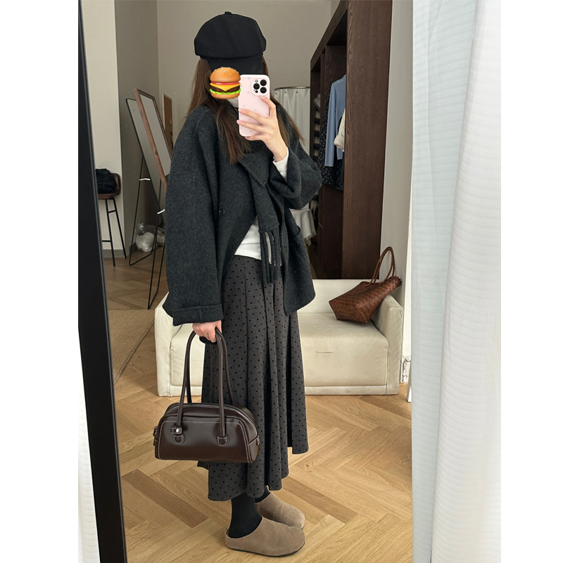 深灰色毛呢半身裙中长款大码女装秋冬胖mm梨形身材遮胯a字百褶裙 - 图2