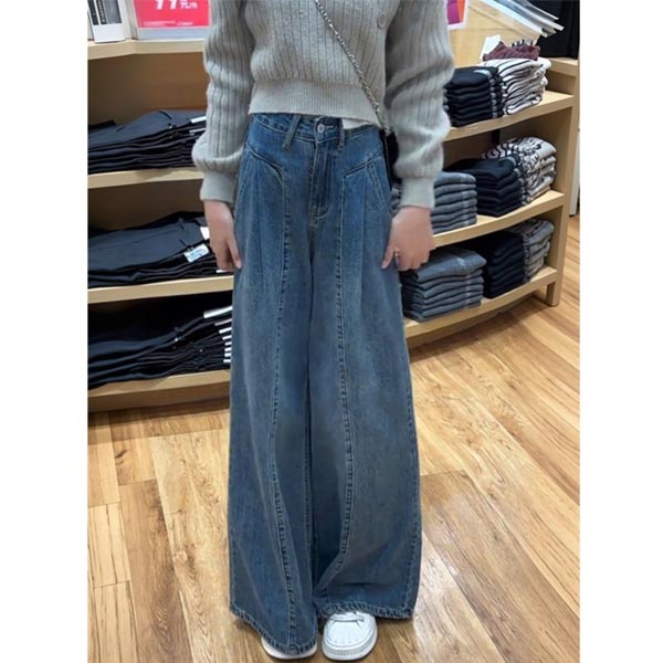 加绒阔腿牛仔裤女秋冬复古蓝直筒高腰显瘦遮胯拖地裤梨型身材裤子 - 图0