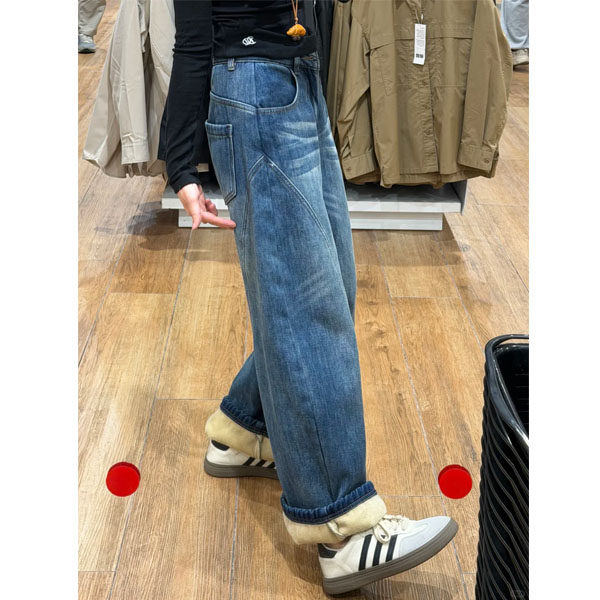 蓝色设计感小众弯刀牛仔裤女冬季大码胖mm高腰宽松加绒加厚阔腿裤,淘宝优惠券,粉丝福利购,淘宝优惠卷