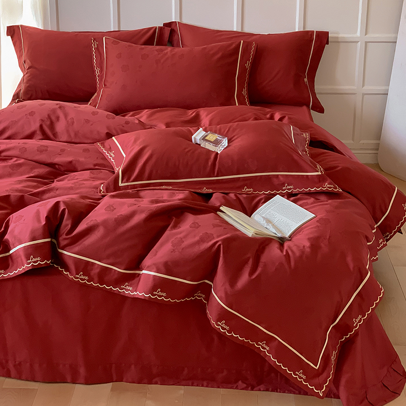 CaratLove简约红色新婚庆四件套100支长绒棉纯棉被套结婚床上用品
