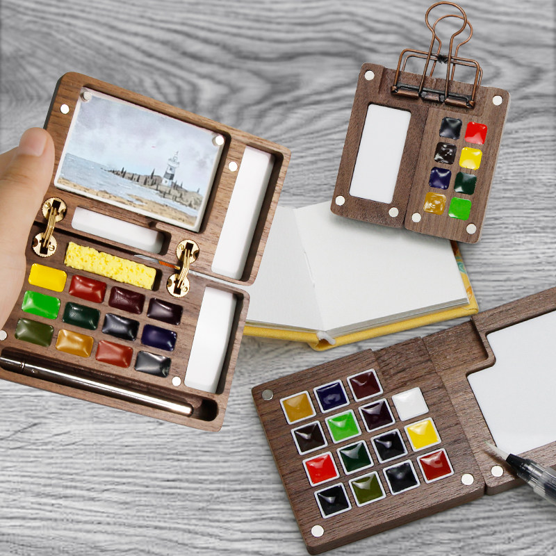 史明克迷你分装固体水彩颜料盒胡桃木12色月光宝盒随身便携8/15色,淘宝优惠券,粉丝福利购,淘宝优惠卷
