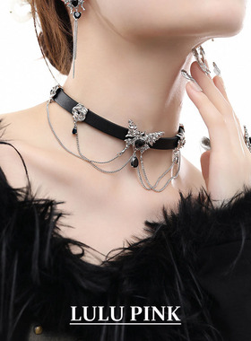 美式小众设计ins甜酷风爱心蝴蝶choker黑色皮革项圈朋克风项链