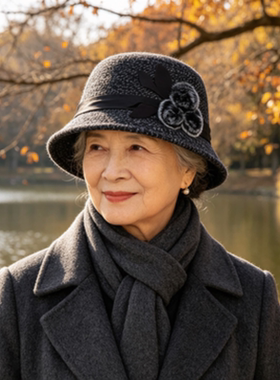妈妈秋冬复古渔夫帽毛球花朵装饰防寒保暖盆帽