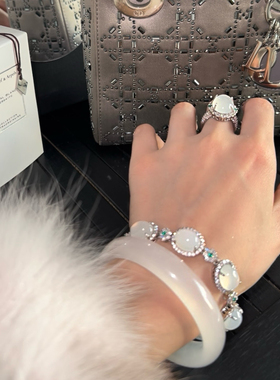 轻奢小众新中式高冰白玉髓925镀银手链高级满钻镶嵌女款