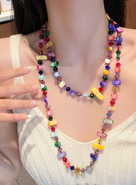 欧美波西米亚风双层毛衣链春夏复古手工贝壳串珠长项链女设计感潮