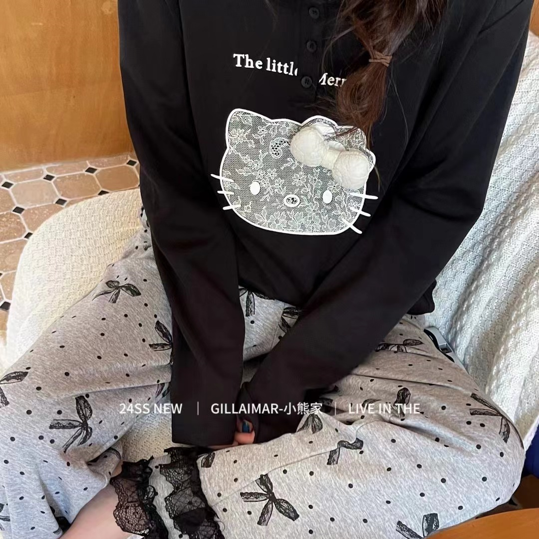 Gill Aimar小熊家原版可爱KT猫蕾丝甜美睡衣女士家居服套装可外穿 - 图0